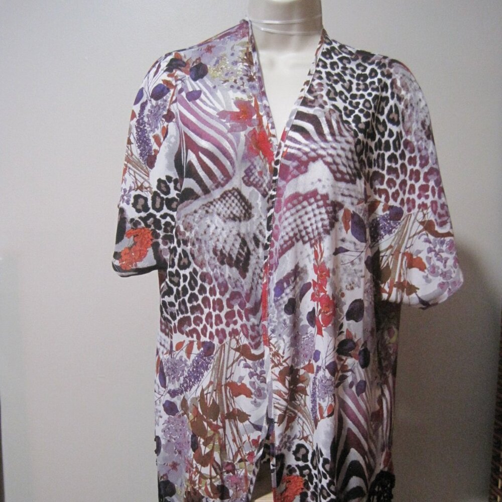 Fever Womens Medium Purple Floral Cap Sleeve Open Front Black Fringe Kimono Top